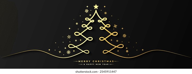 Elegante Feliz Natal e Feliz Ano Novo banner com um fundo preto, com uma luxuosa linha de ouro árvore de Natal e delicados sotaques flocos de neve.