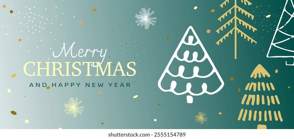 Elegant Merry Christmas and Happy New Year banner. Abstract Christmas trees, golden details, and festive snowflakes. Winter holiday decoration background.