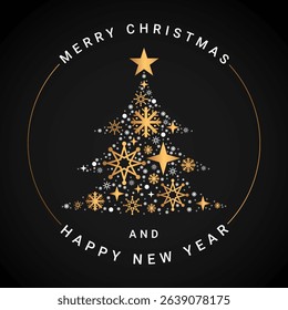 Elegant Merry Christmas and Happy New Year Greeting with a Gold Snowflake Christmas Tree on a Black Background, Holiday Vector Illustration	