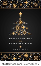 Elegant Merry Christmas and Happy New Year black background greeting card with gold snowflake tree star decoration festive holiday vector	