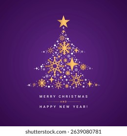 Elegant Merry Christmas and Happy New Year greeting card with a golden snowflake Christmas tree on a purple background luxury festive holiday design template
