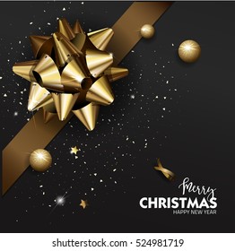  Elegant Merry Christmas Or Happy New Year Background With  Gold Bow. Vector Illustration.