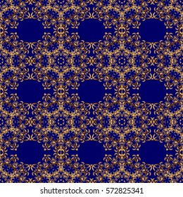 Elegant Merry Christmas or Happy New Year 2018 seamless pattern with golden ornament on a blue background. Vector illustration.