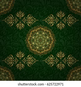 Elegant Merry Christmas or Happy New Year 2018 seamless pattern with golden ornament on a green background. Vector illustration.
