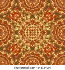 Elegant Merry Christmas or Happy New Year 2018 seamless pattern with golden ornament on a brown background. Vector illustration.
