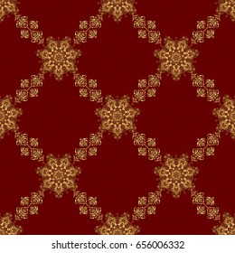 Elegant Merry Christmas or Happy New Year 2018 seamless pattern with golden ornament on a red background. Vector illustration.