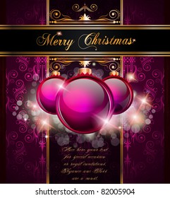Elegant Merry Christmas and Happy New Year background with vintage seamless wallpaper and glossy baubles.
