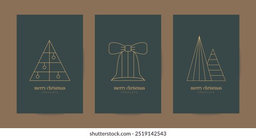 Invitación elegante de las Navidades alegres, Plantilla del Vector de la tarjeta. Navidad dorada de lujo, árbol del año Nuevo, ilustraciones de campana para el abrigo, caja, cubierta, cartel.