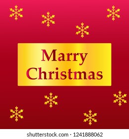 Elegant Merry Christmas lettering design with shining gold glittering snowflakes in gold frame on red background. Vector illustration EPS 10