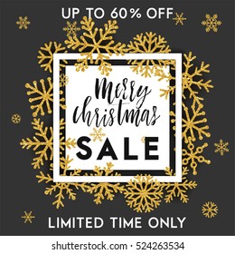 Elegant Merry Christmas lettering design with shining gold glittering snowflakes in white frame on black background. Vector illustration EPS 10