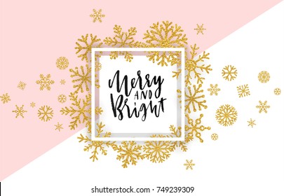 Elegant Merry Christmas lettering design with shining gold glittering snowflakes in white frame on white background. Vector illustration EPS 10
