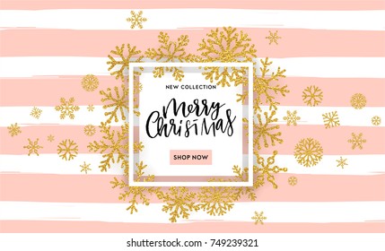 Elegant Merry Christmas lettering design with shining gold glittering snowflakes in white frame on white background. Vector illustration EPS 10