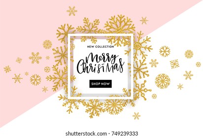 Elegant Merry Christmas lettering design with shining gold glittering snowflakes in white frame on white background. Vector illustration EPS 10