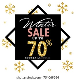Elegant Merry Christmas lettering design with shining gold glittering snowflakes in white frame on black background. Vector illustration EPS 10