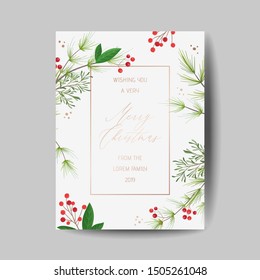 Elegant Merry Christmas and New Year 2020 Card with Pine Wreath, Mistletoe, Winter plants design illustration for greetings, invitation 2019, flyer, brochure, cover in vector