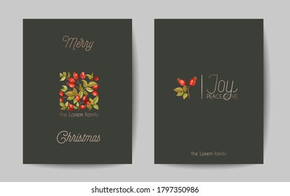 Elegant Merry Christmas and New Year 2021 Cards with Pine Branches, Holy Berry, Mistletoe, Winter floral plants design illustration for greetings, invitation 2020, flyer, brochure, cover in vector