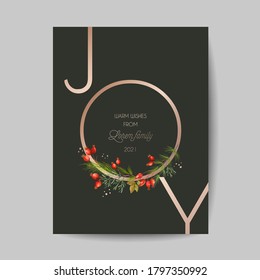 Elegant Merry Christmas and New Year 2021 Cards with Pine Branches, Holy Berry Wreast, Mistletoe, Winter floral design illustration for greetings, invitation 2020, flyer, brochure, cover in vector