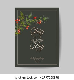 Elegant Merry Christmas and New Year 2021 Cards with Pine Branches, Holy Berry Wreast, Mistletoe, Winter floral design illustration for greetings, invitation 2020, flyer, brochure, cover in vector