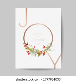 Elegant Merry Christmas and New Year 2021 Cards with Pine Branches, Holy Berry Wreast, Mistletoe, Winter floral design illustration for greetings, invitation 2020, flyer, brochure, cover in vector