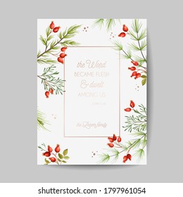 Elegant Merry Christmas and New Year 2021 Cards with Pine Branches, Holy Berry Wreast, Mistletoe, Winter floral design illustration for greetings, invitation 2020, flyer, brochure, cover in vector