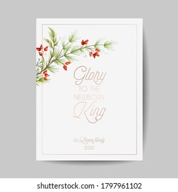 Elegant Merry Christmas and New Year 2021 Cards with Pine Branches, Holy Berry Wreast, Mistletoe, Winter floral design illustration for greetings, invitation 2020, flyer, brochure, cover in vector