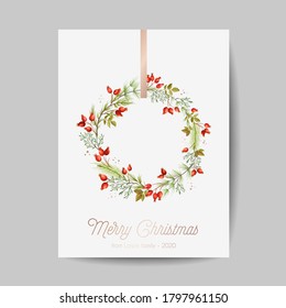 Elegant Merry Christmas and New Year 2021 Cards with Pine Branches, Holy Berry, Mistletoe, Winter floral plants design illustration for greetings, invitation 2020, flyer, brochure, cover in vector