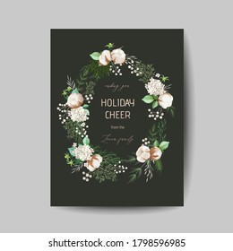 Elegant Merry Christmas and New Year 2020 Card with Pine Wreath, Mistletoe, Winter Cotton flower design illustration for greetings, invitation 2021, flyer, brochure, cover in vector