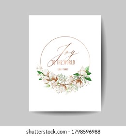 Elegant Merry Christmas and New Year 2020 Card with Pine Wreath, Mistletoe, Winter Cotton flower design illustration for greetings, invitation 2021, flyer, brochure, cover in vector