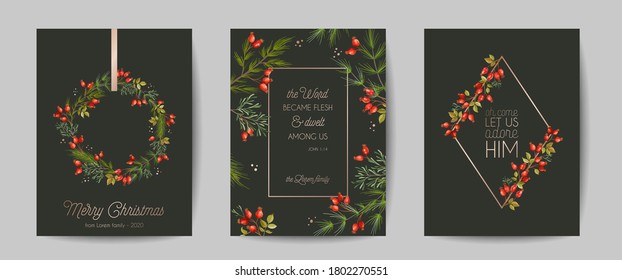 Elegant Merry Christmas and New Year 2021 Cards with Pine Branches, Holy Berry, Mistletoe, Winter floral plants design illustration, greetings, invitation 2020, flyer, brochure, cover . Vector Set