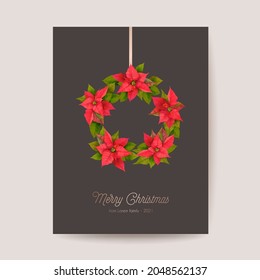 Elegant Merry Christmas and New Year Card with Poinsettia Realistic Flowers, Floral Wreath. Winter 3d plants design illustration for greetings, invitation, flyer, brochure, cover in vector