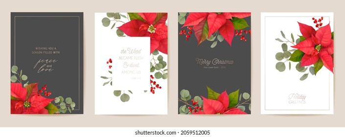 Elegant Merry Christmas and New Year Cards Set with Poinsettia Realistic Flowers, Mistletoe. Winter 3d plants design illustration for greetings, invitation, flyer, brochure, cover in vector