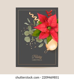 Elegant Merry Christmas and New Year Card with Poinsettia Realistic Flowers, Mistletoe. Winter 3d plants design illustration for greeting, invitation, flyer, brochure, cover in vector