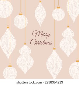 Elegant Merry Christmas New Year greeting card with ornament balls hanging on string on pink background. Minimalist retro vintage style template for holiday banner party invitation
