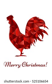 Elegant  Merry Christmas postcard with red rooster in low poly style. Triangle low poly 