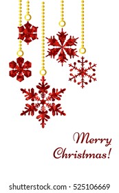 Elegant  Merry Christmas postcard with red snowflakes in low poly style. Triangle low poly 