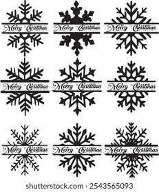 Elegantes fröhliches Weihnachts-Split-Schneeflocken-Design mit aufwändigen Mustern und festlichem Text für Weihnachtskarten und saisonale Dekoration