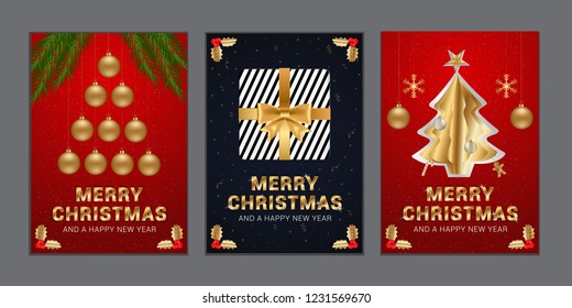 Elegant merry christmas vector illustration poster set with typography lettering and decorative elements. Can be used as holiday greetings, invitation, new year party, banner and background design. 