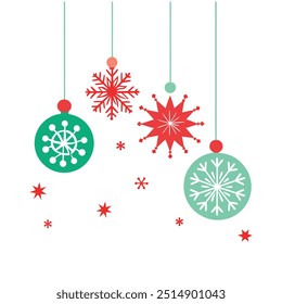 Elegant Merry Christmas white card vector with decorative hanging ornaments. Perfect for greeting cards, holiday invites, and festive designs. Add a stylish touch to your celebration.