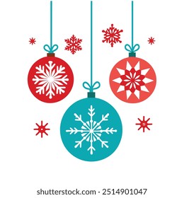 Elegant Merry Christmas white card vector with decorative hanging ornaments. Perfect for greeting cards, holiday invites, and festive designs. Add a stylish touch to your celebration.