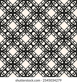 Elegant mesh ornament. Vector abstract black and white geometric seamless pattern with grid, lattice, flower silhouettes, crossing lines. Simple monochrome background texture. Repeating geo design