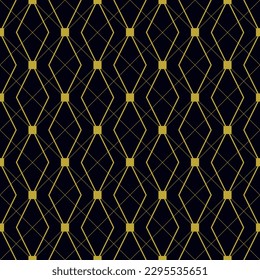 Un elegante e hipnotizante vector art deco sin fisuras con formas diamantadas y cuadradas que se asemejan a una deslumbrante cadena de gemas. Fondo negro elegante con líneas doradas opulentas.