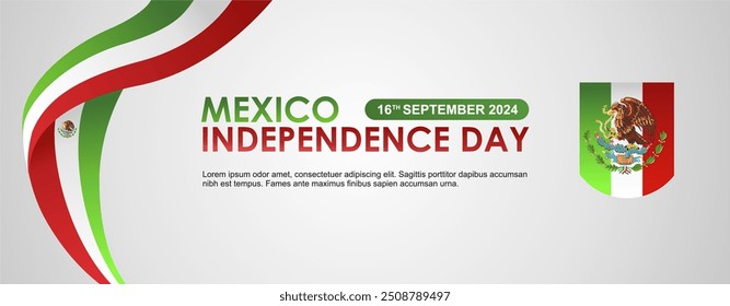 Elegante Dia da Independência do México 16 de setembro de 2024 banner com símbolo nacional e fita da bandeira. Viva México independencia 2024 ilustração vetorial, fundo, modelo, cartaz, banner. 