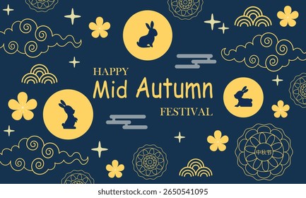 Elegant Mid Autumn Festival Banner, Background, Poster with moon, rabbits, mooncakes, clouds and floral motifs on dark blue. Minimalist Asian festive design in flat vector cartoon style.