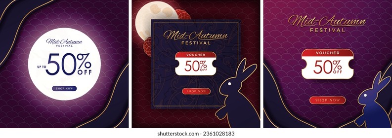 Elegant Mid Autumn Festival Sale Design Posters with 50% off price discount and coupon. Discount cards with shop now button. Blue paper cut out style with full moon and rabbit. Vector. 