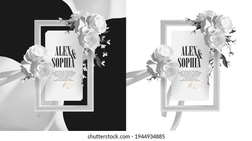 Elegant minimal 3d realistic wedding invitation frame with beautiful white floral, roses wreath illustration vector