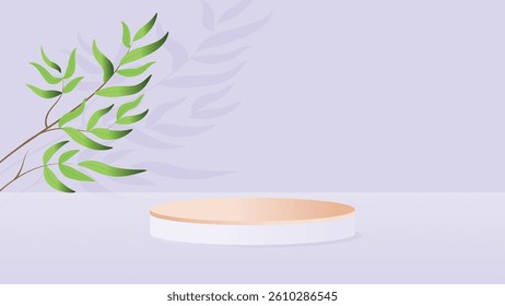 Elegant minimal background featuring a green leaf branch and round podium on a soft pastel purple surface