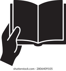 Elegant minimal black vector silhouette of a hand gently holding an open book. Ideal for International Book Lover Day, reading encouragement, and literary content.Elegant minimal black vector silhouette of a hand gently holding an open book. Ideal for International Book Lover Day, reading encouragement, and literary content.