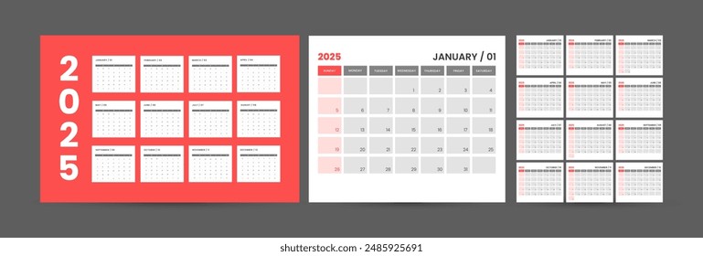 Elegant minimal calendar design 2025. Week starts on Sunday. Place for notes. Minimalist trendy design for desktop design calendar planner.