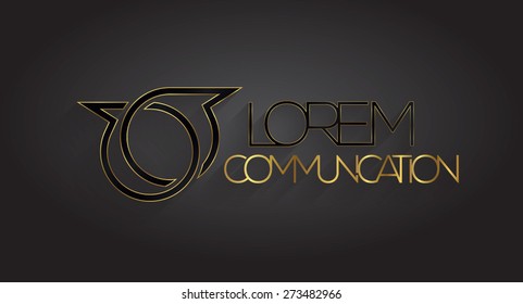 Elegant minimal communication logo. Metallic gold-black design. Vector illustration.