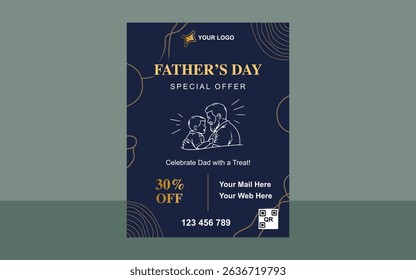 Elegant and minimal Father’s Day flyer design featuring a line art of a father with son. Perfect for retail offers, restaurant promotions, and holiday advertising campaigns. Vector and print-ready.